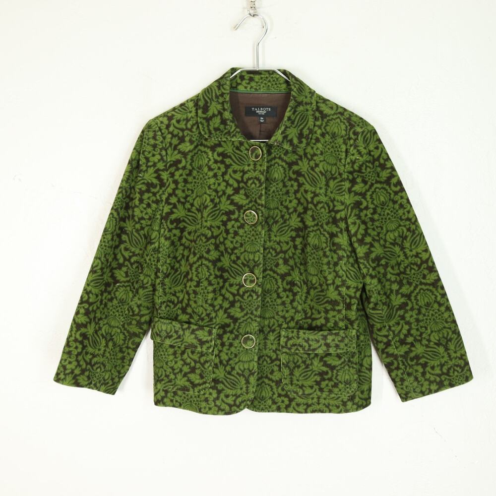 TALBOTS Corduroy Jacket 10 Petite Green Brown Lined Covered Buttons Pan Collar